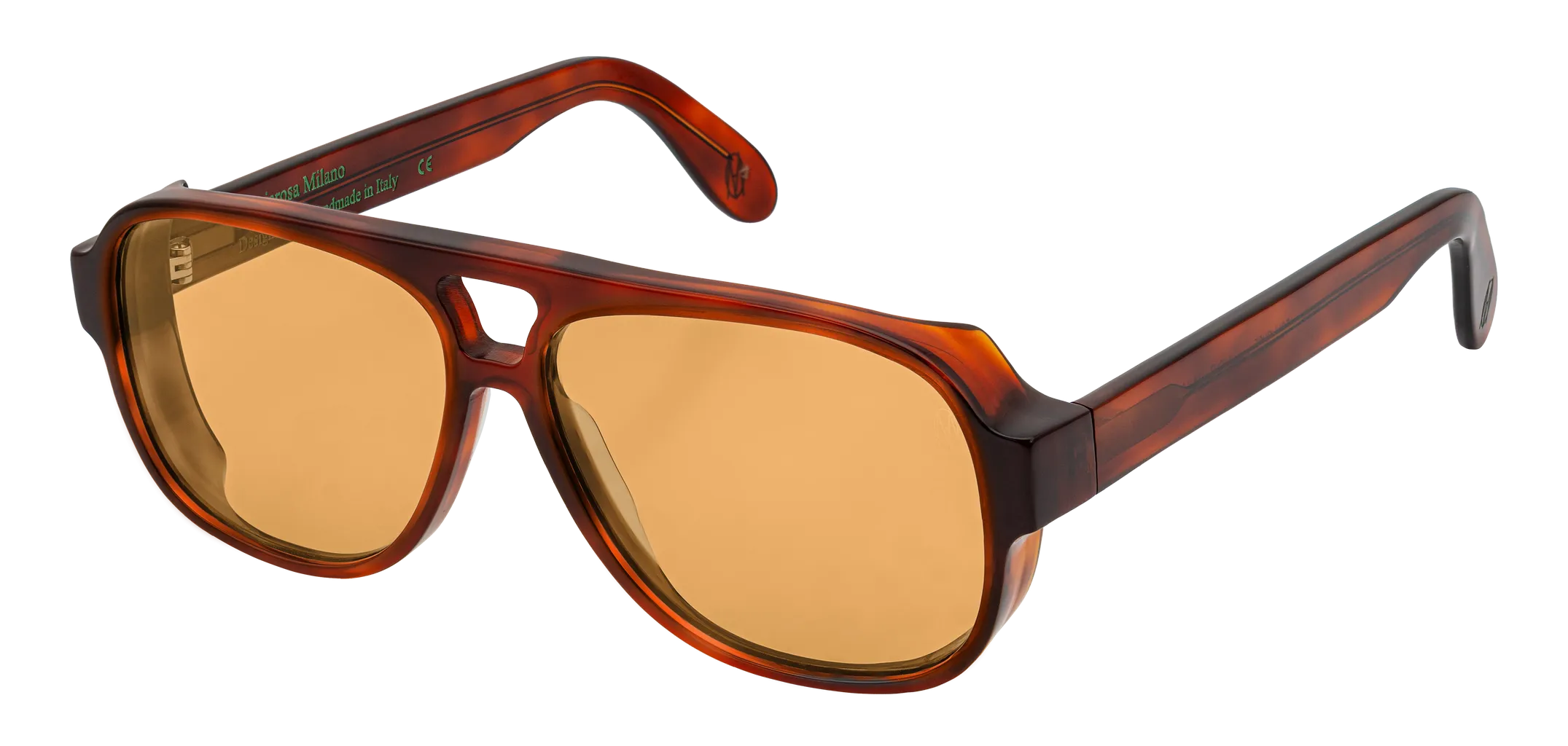 Vista a tre quarti degli occhiali aviator modello Toulouse, con montatura tartarugata chiara e lenti color arancio, aperti
