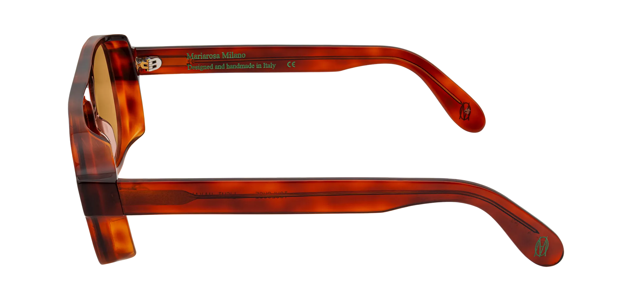Vista laterale degli occhiali aviator modello Toulouse, con montatura tartarugata chiara e lenti color arancio, aperti