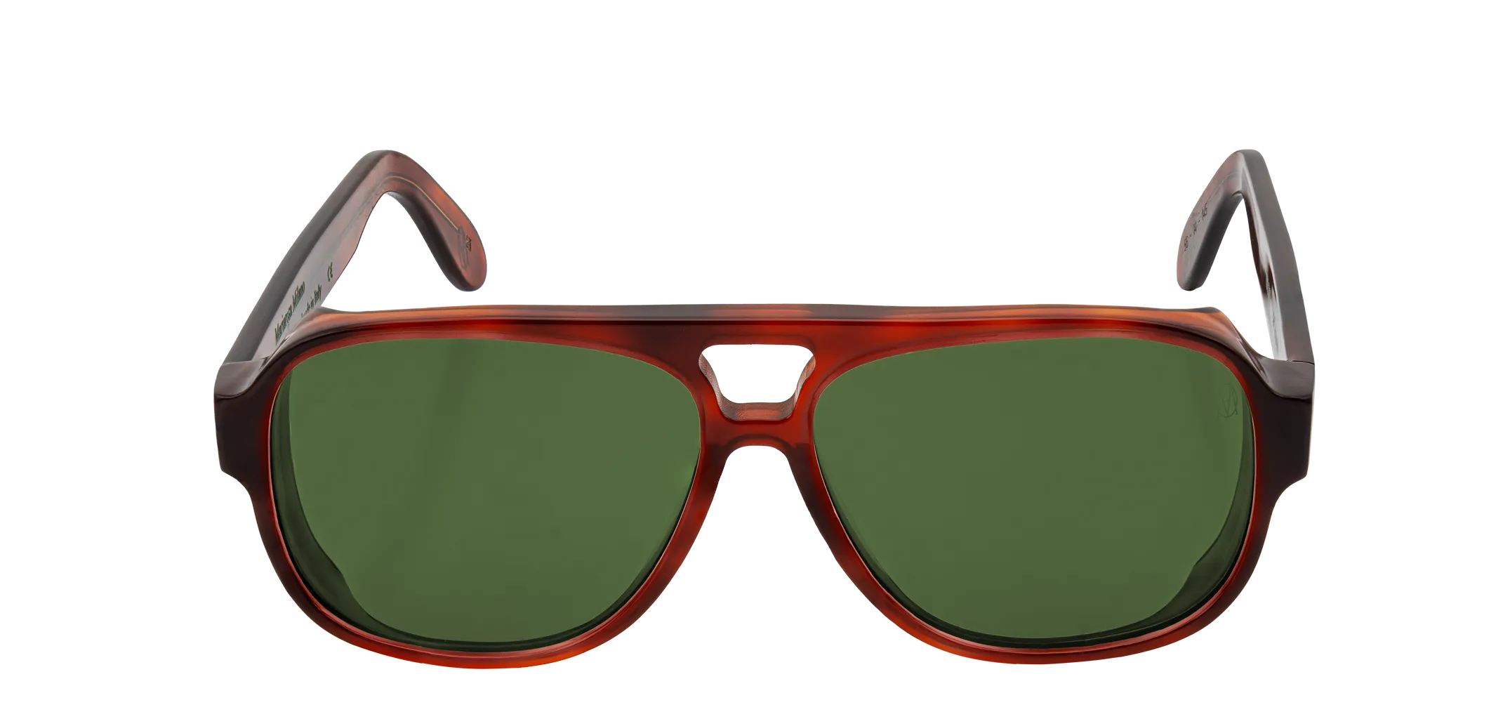 Vista frontale degli occhiali aviator modello Toulouse, con montatura tartarugata chiara e lenti color verde scuro, aperti