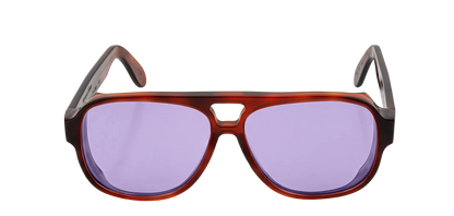 Vista frontale degli occhiali aviator modello Toulouse, con montatura tartarugata chiara e lenti color viola, aperti