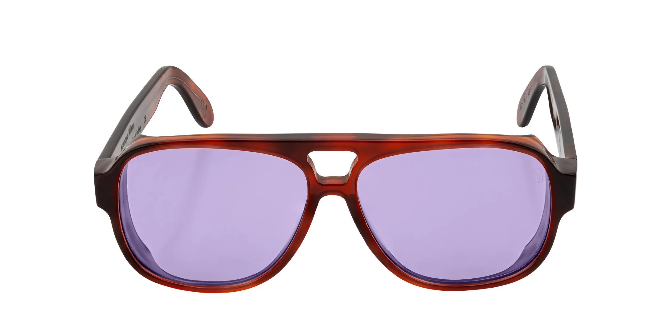 Vista frontale degli occhiali aviator modello Toulouse, con montatura tartarugata chiara e lenti color viola, aperti