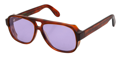 Vista a tre quarti degli occhiali aviator modello Toulouse, con montatura tartarugata chiara e lenti color viola, aperti