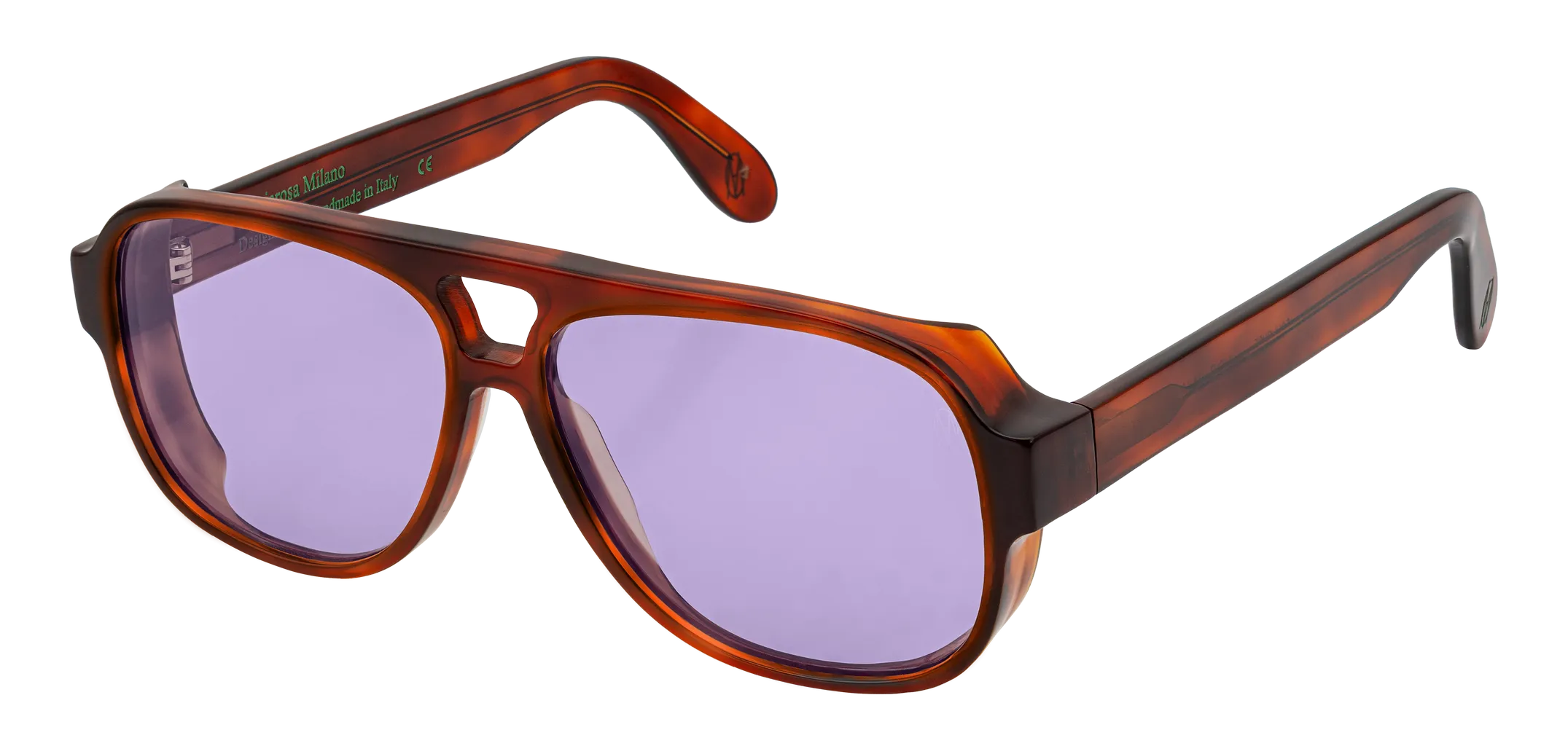 Vista a tre quarti degli occhiali aviator modello Toulouse, con montatura tartarugata chiara e lenti color viola, aperti