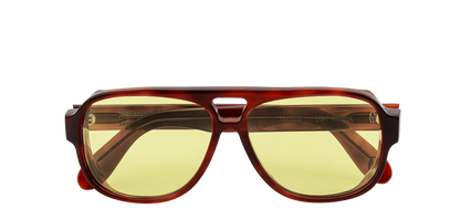 Vista frontale degli occhiali aviator modello Toulouse, con montatura tartarugata chiara e lenti color giallo, chiusi