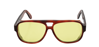 Vista frontale degli occhiali aviator modello Toulouse, con montatura tartarugata chiara e lenti color giallo, aperti