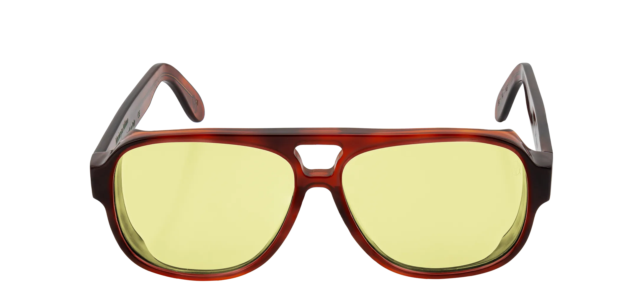 Vista frontale degli occhiali aviator modello Toulouse, con montatura tartarugata chiara e lenti color giallo, aperti