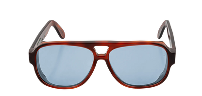 Vista frontale degli occhiali aviator modello Toulouse, con montatura tartarugata chiara e lenti color azzurro, aperti