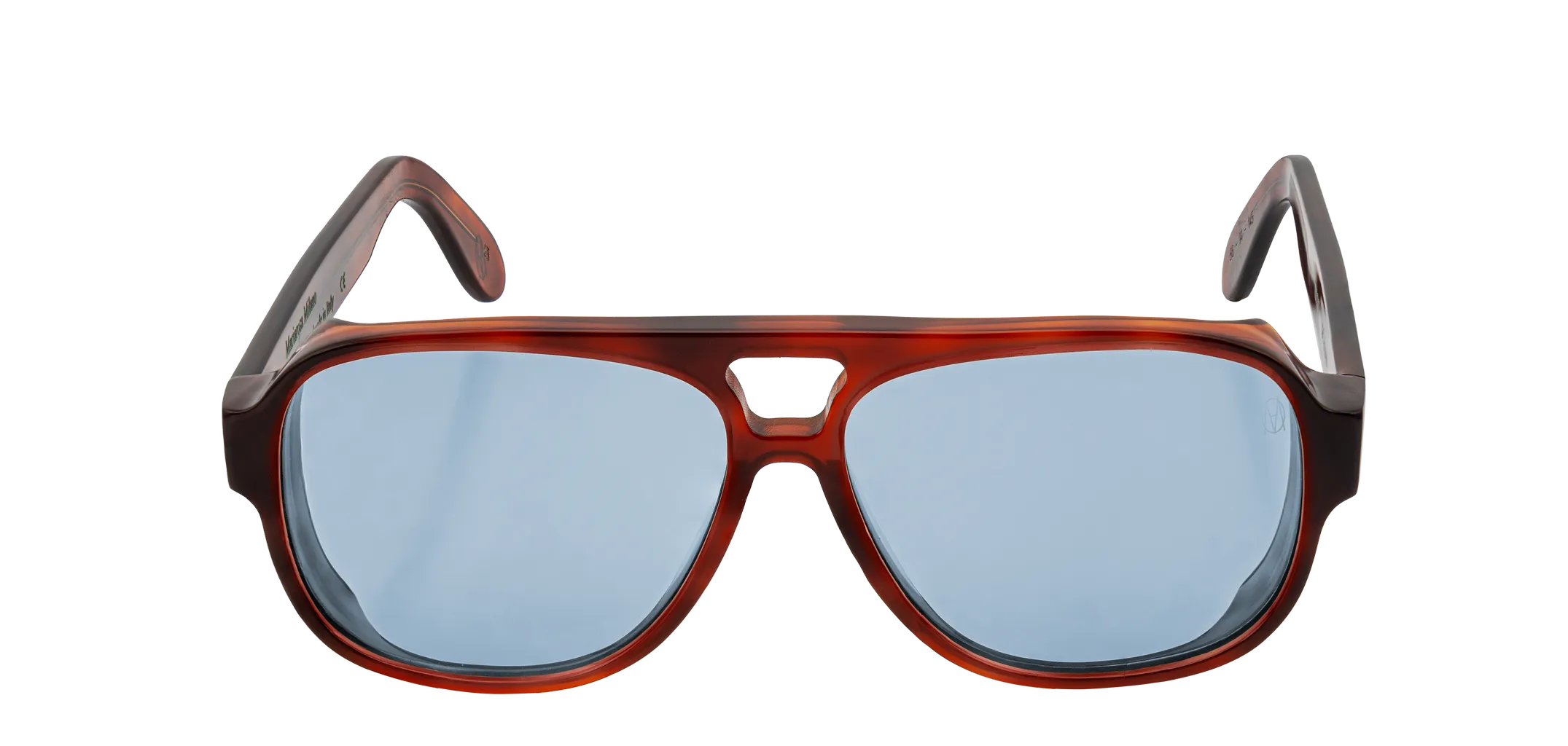 Vista frontale degli occhiali aviator modello Toulouse, con montatura tartarugata chiara e lenti color azzurro, aperti